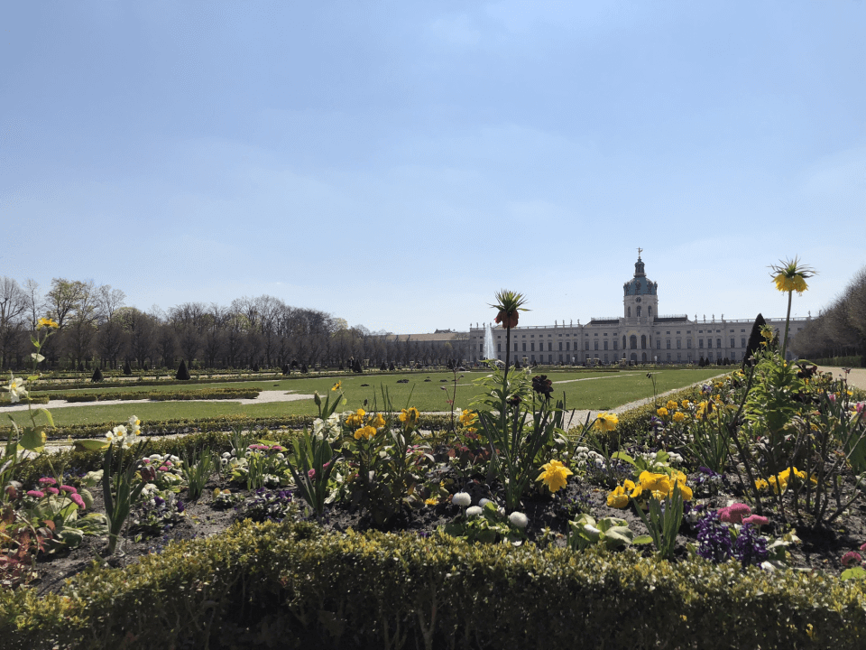 Das Bild zeigt den Schlossgarten vom Schloss Charlottenburg in Berlin mit dem Gebäude im Hintergrund.